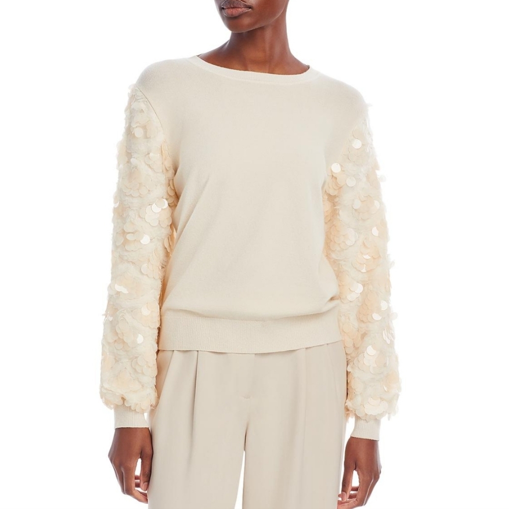 SIONI Women's Cream Sequin Sleeve Rib Knit Sweater size M